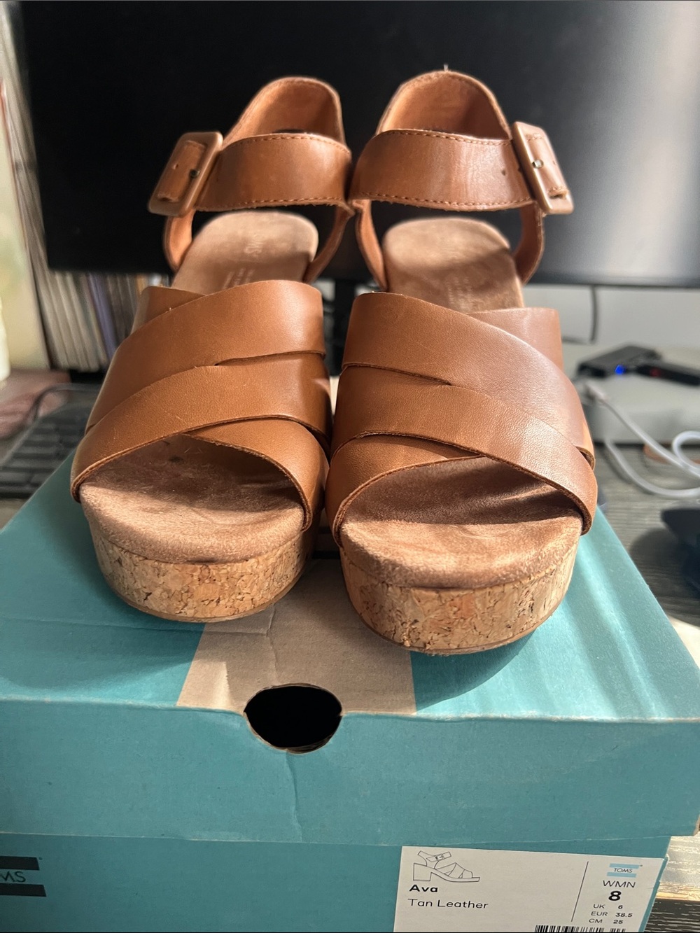 Toms Tan Leather Cork Wedge Sandals